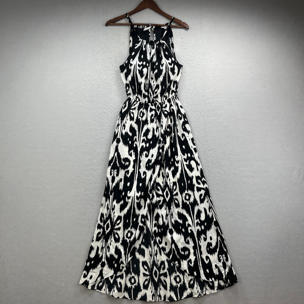 Athleta Santorini Maxi Dress Women XS Black White Ikat Halter Neck Boho Vacation